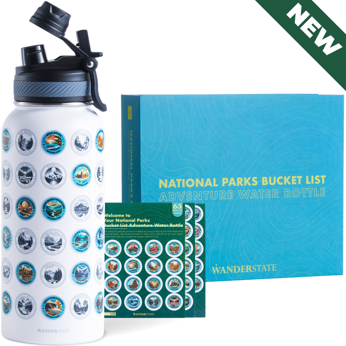 National Parks Edelstahl-Wasserflasche 907 Ml | 2 Deckel, 63 Aufkleber & Planer | Outdoor-Trinkflasche